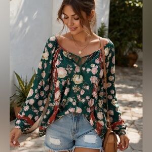 🌿 DR2 Daniel Rainn Floral Boho Tunic Blouse XL Green Flowy Tassel Top